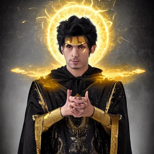 Prompt: an ancient mage, with dark sik and magic fire sparks coming out of his hands, grey black hair, dressed in a very long, black and gold coloured cloak with intricate golden geometric shapes, very real, ultra realistic, photorealistic, 8k, ultra detailed