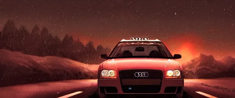 Image similar to Audi A4 B6 Avant (2002), a gritty neo-noir, dramatic bright lighting, cinematic, establishing shot, extremely high detail, photorealistic, cinematic lighting, artstation, by simon stalenhag, Snowy mountain road, At night, flashing lights
