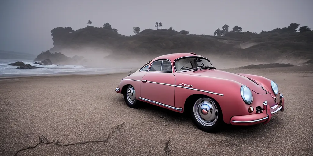 Image similar to abadoned silver porsche 356 roadster, roof up, red interior, at a car park next to a beach in california , morning, misty, unreal engine