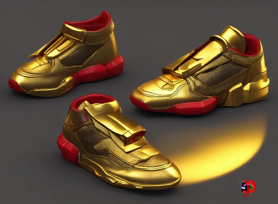 Prompt: realistic 3 d render of a cyberpunk android sneaker, beautiful studio lighting, soft, sharp focus, neon cyberpunk highlights, intricate detail, gold and red metal, soft rubber, textured plastic, octane render, side view, close up, trending on artstation, deviantart, nike, adidas