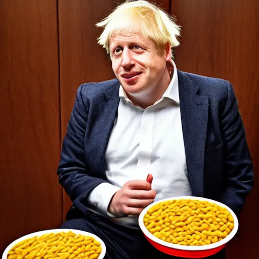 Image similar to Boris Johnson sitting in a bathtub full of baked beans, photograph