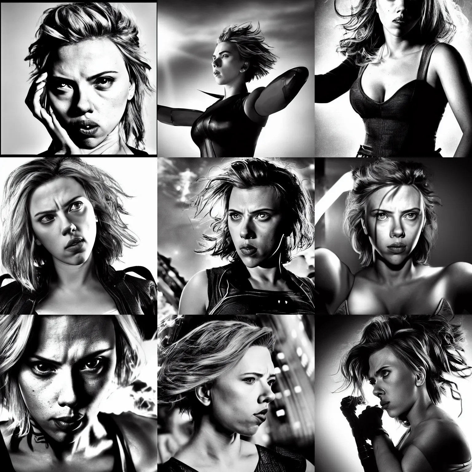 Prompt: angry scarlett johansson as a transformer, dramatic lighting hyper detail, black and white, wide angle lens