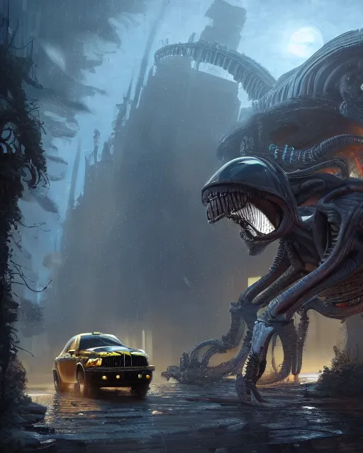 Image similar to xenomorph taxi car in a fantasy village, calming, uplifting mood, ultra realistic, farm, funny, small buildings, highly detailed, epic lighting, illuminated, cinematic, morning, art by eddie mendoza