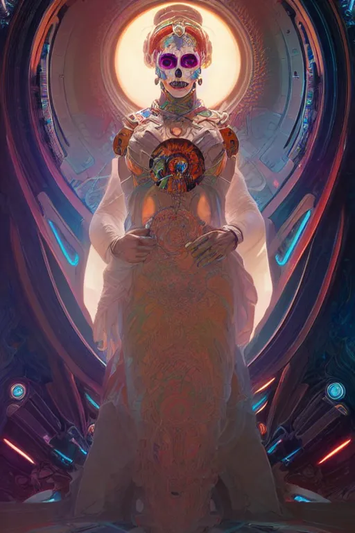 Prompt: ultra detailed female android deity, scifi octane _ render dia _ de _ los _ muertos asymmetrical intricate concept _ art triadic _ color, art by artgerm and greg rutkowski and alphonse mucha, 8 k