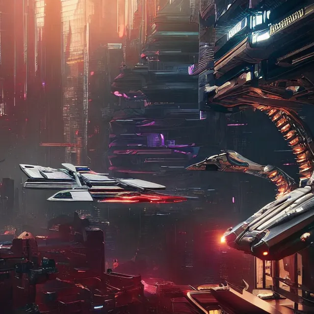 Image similar to ( cyberpunk 2 0 7 7, bladerunner 2 0 4 9 ) scientists creating an artificial alien highly detailed futuristic biomechanical thick smooth quad wing combat spaceship in their spaceship lab, hyper realistic, highly detailed, sharp focus, depth of field, photography, natural light,, ultra detailed, photorealistic, by brian sum and annie leibowitz, - t