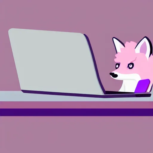 Prompt: A light pink fox with purple hair sits at a desk typing on a laptop with a cup of coffee, digital furry art, furry fandom