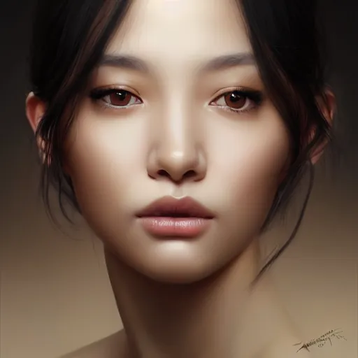 Prompt: portrait of a very very beautiful woman, square-faced, sand-colored skin, harried bun of black hair, korean, soft details, dark brown eyes, matte painting oil on canvas by mark arian by artgerm, trending on artstation, 4k, 8k, HD