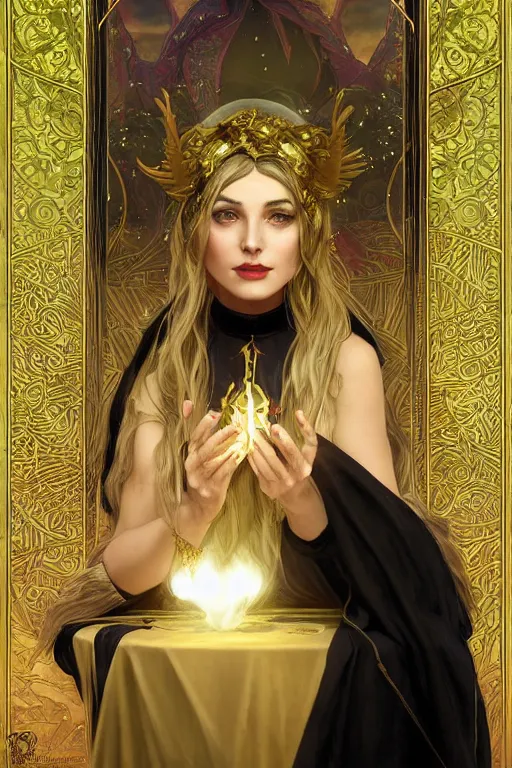 Prompt: a beautiful sorceress wearing a black robe with gold embroidery, sitting at table, casting a spell, green glows, painted by artgerm and tom bagshaw and alphonse mucha, in the style of magic the gathering, highly detailed digital art