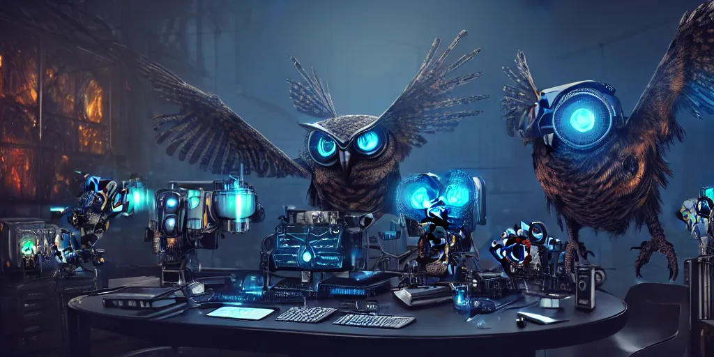 Image similar to an giant evil, malevolent, cyborg owls looking at a computer, surrounded by computer screens. steampunk. this 4 k hd image is trending on artstation, featured on behance, well - rendered, extra crisp, features intricate detail and the style of unreal engine. volumetric lighting octane render