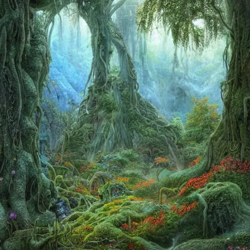 Prompt: a beautiful and highly detailed oil painting of an overgrown elven forest temple in the misty mountains, detailed plants and trees and flowers, intricate details, epic scale, insanely complex, 8 k, sharp focus, hyperrealism, fantasy landscape, psychedelic patterns, by caspar friedrich and james gurney,