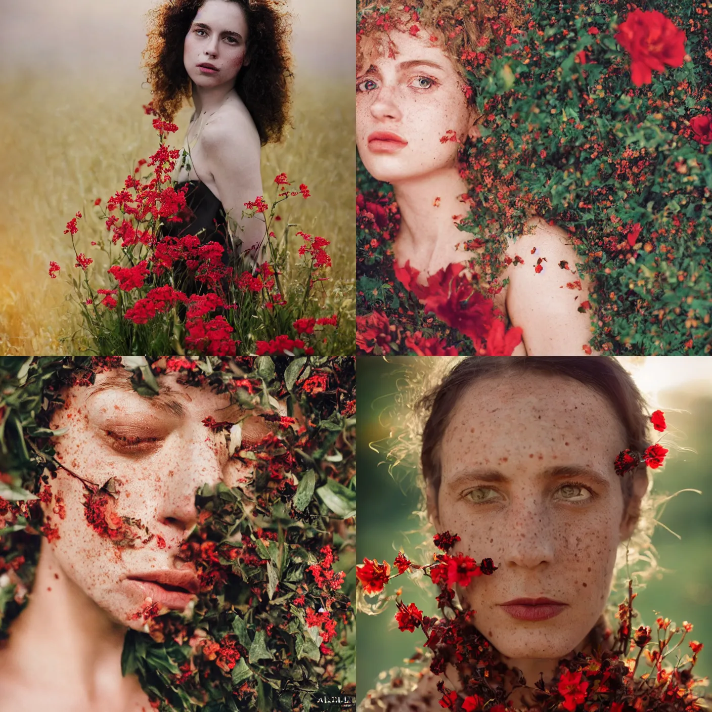 Prompt: A head and shoulder frontal face portrait photography of a freckled woman surrounded by black dark leaves and red flowers by Annie Leibovitz. Golden hour. Kodak Color Plus 200 film. detailed. hq. realistic. Rembrandt light style. swirly bokeh. warm light. muted colors. lens flare. photoreal. Medium format photography. Leica M9.