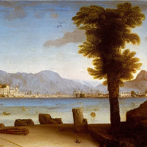 Image similar to oil painting of marbella city, beach in the foreground, mountains in the background, by leonardo da vinci