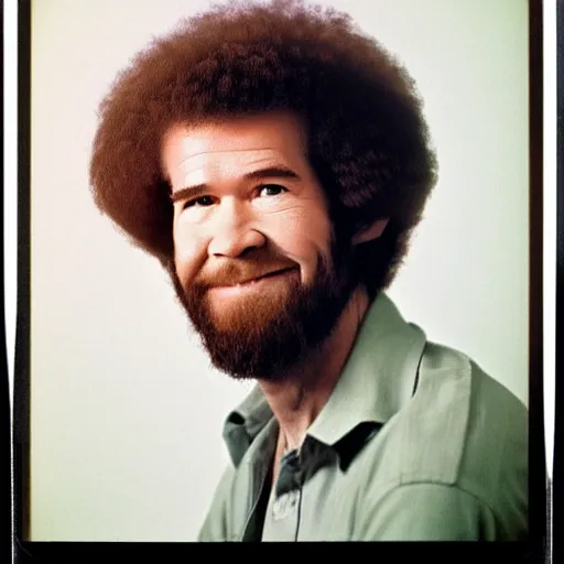 Image similar to Mugshot Portrait of Bob Ross with a buzzcut, taken in the 1970s, photo taken on a 1970s polaroid camera, grainy, real life, hyperrealistic, ultra realistic, realistic, highly detailed, epic, HD quality, 8k resolution, body and headshot, film still, front facing, front view, headshot and bodyshot, detailed face, very detailed face