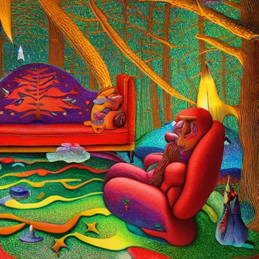 Image similar to psychedelic couch sofa in the pine forest, goose, milky way, designed by moebius, rob gonsalves, gustav dore, giuseppe arcimboldo and carl barks, louis wain, trending on artstation, canada, star, sharp focus, colorful refracted sparkles and lines, soft light, 8 k 4 k