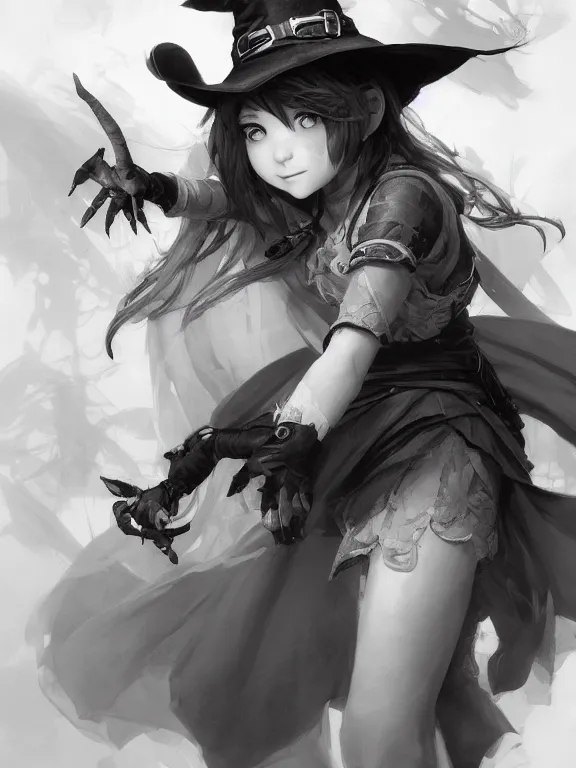 Prompt: Full shot Line art drawing of a cute mischievous young witch about to get up to some trouble. By Ruan Jia and Artgerm and Range Murata and WLOP and CLAMP and Loish. Concept Art. Fantasy Illustration. award winning, Artstation, intricate details, Hyperdetailed, 8k resolution.