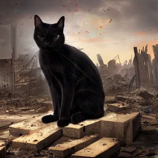 Prompt: a black cat looking at a destroyed city, by karcz, michal