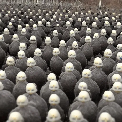 Image similar to an army of chickens with helmets marching with their guns