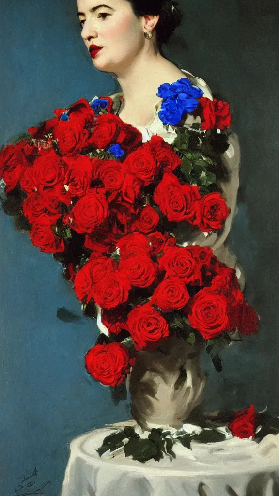 Image similar to portrait of rebekah delrio in lynch pattern, big persian detailed pot of red roses, blue and red lights painted by john singer sargent