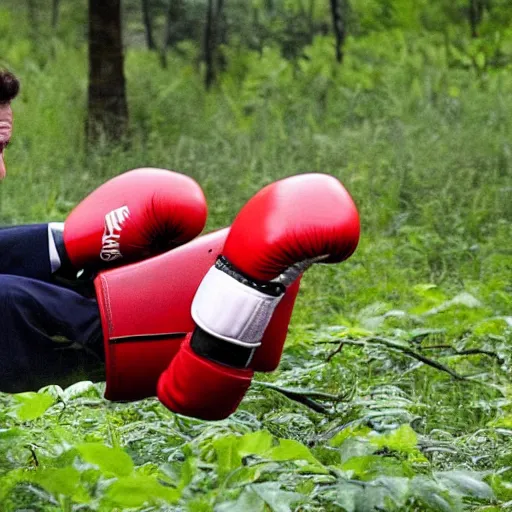 Image similar to Putin knocks out Joe Biden with heavy red boxing gloves in a green jungle. reporters take flash photographs of the blood soaked canvas