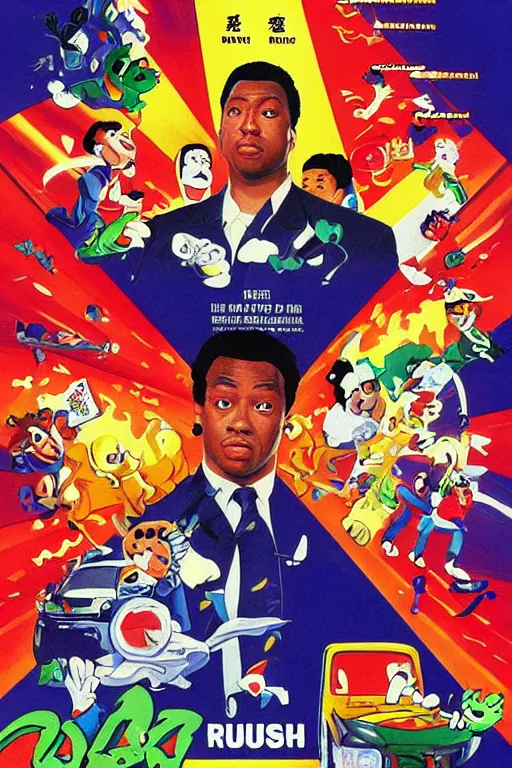 Prompt: rush hour ( 1 9 9 8 ) movie poster in the style of yoshi's island ( 1 9 9 5 ) snes cover art