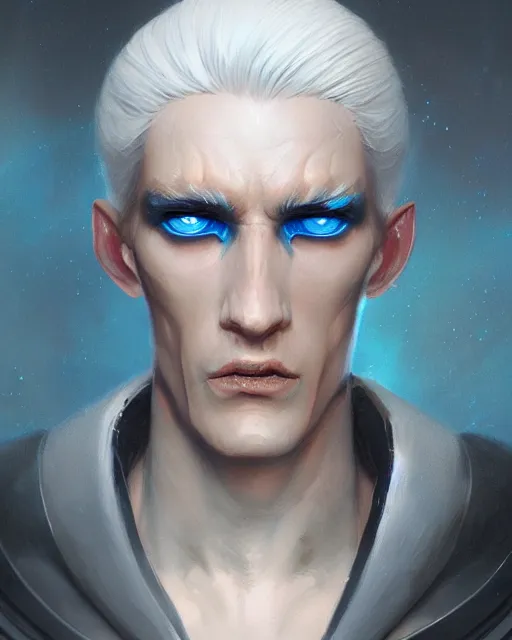 Image similar to character portrait of a slender eldar man with white hair, piercing blue eyes, and pale bluish skin, by greg rutkowski, mark brookes, jim burns, tom bagshaw, trending on artstation