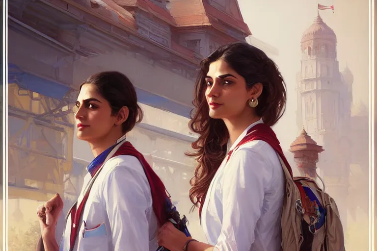 Image similar to Anxious good looking pale young Indian doctors wearing American clothes at the airport, portrait, elegant, intricate, digital painting, artstation, concept art, smooth, sharp focus, illustration, art by artgerm and greg rutkowski and alphonse mucha