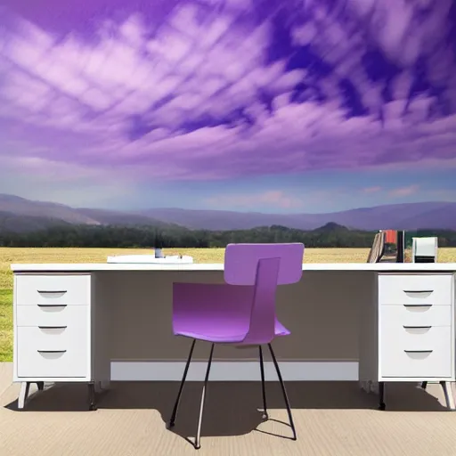 Image similar to realistic panting of a desk on a purple field blue clouds