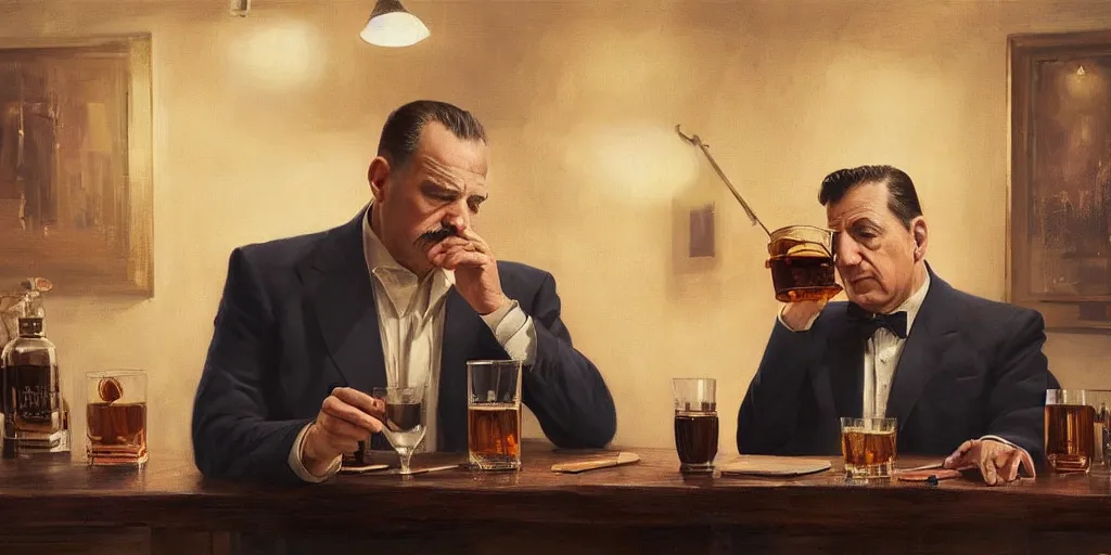 Image similar to beautiful oil matte portrait painting, mafia boss drinking whiskey at his 5 0 s new york office desk, wonderful masterpiece highly detailed, beautiful cinematic light deep focus, elegant, digital painting, smooth, sharp focus, golden ratio, dramatic illumination, ultra realistic, 8 k, art by jimmy law