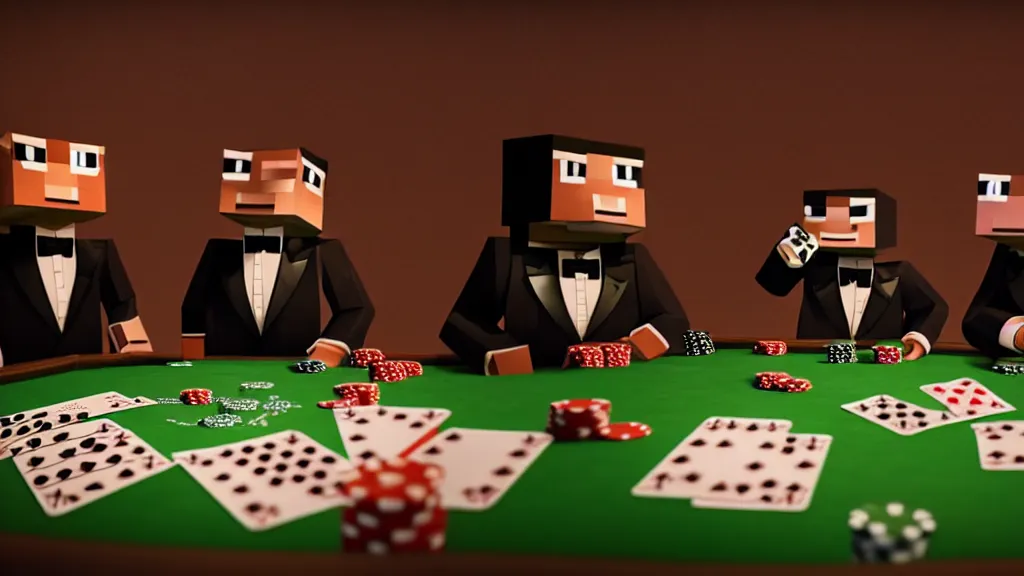 Image similar to hyperrealism simulation highly detailed human turtles'wearing detailed tuxedos and smoking, playing poker in surreal scene from minecraft movie from future by wes anderson and denis villeneuve and mike winkelmann rendered in blender and octane render