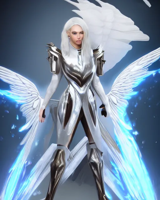 Image similar to perfect white haired attractive egyptian goddess with huge white dove wings, warframe armor, beautiful, engaging, symmetric, charlize theron, half asian, pretty face, blue eyes, scifi platform, laboratory, experiment, 4 k, ultra realistic, epic lighting, android body, illuminated, cinematic, masterpiece, art by akihito tsukushi, voidstar