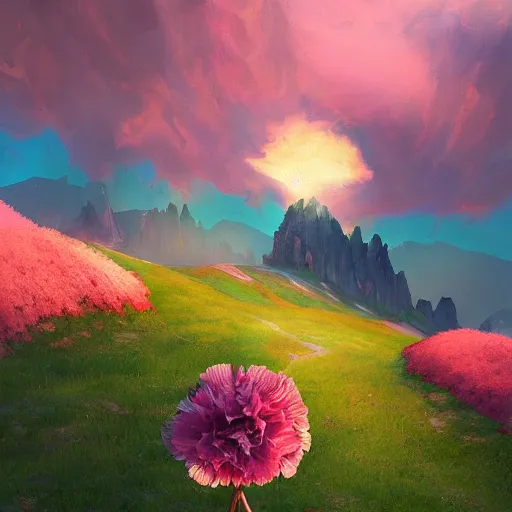 Image similar to giant carnation flower as a head, girl hiking in the dolomites, surreal photography, sunrise, dramatic light, impressionist painting, colorful clouds, digital painting, artstation, simon stalenhag