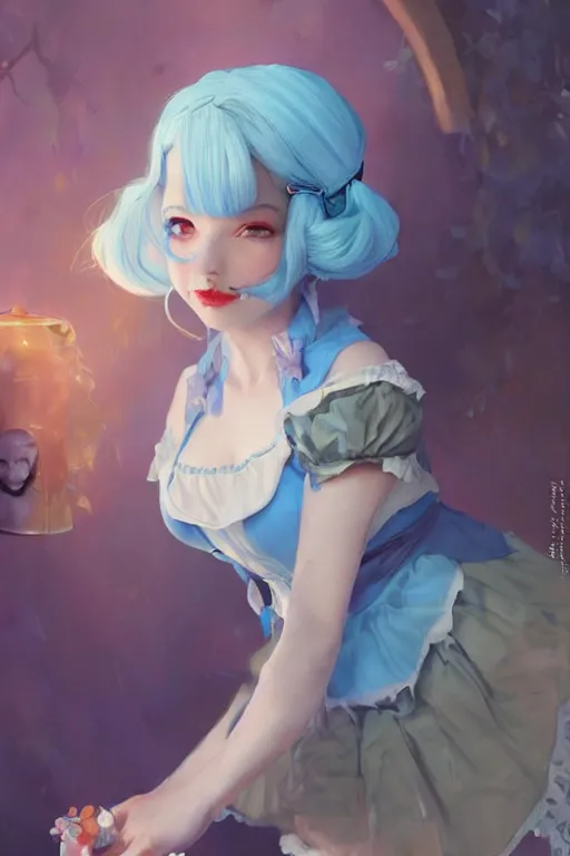 Prompt: pretty girl with blue hair, rem rezero dressed as alice in wonderland, digital painting, 8 k, concept art, art by wlop, artgerm, greg rutkowski and alphonse mucha