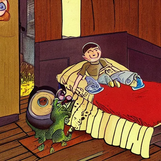 Image similar to a boy finds a small monster under his bed in the style of sven nordqvist