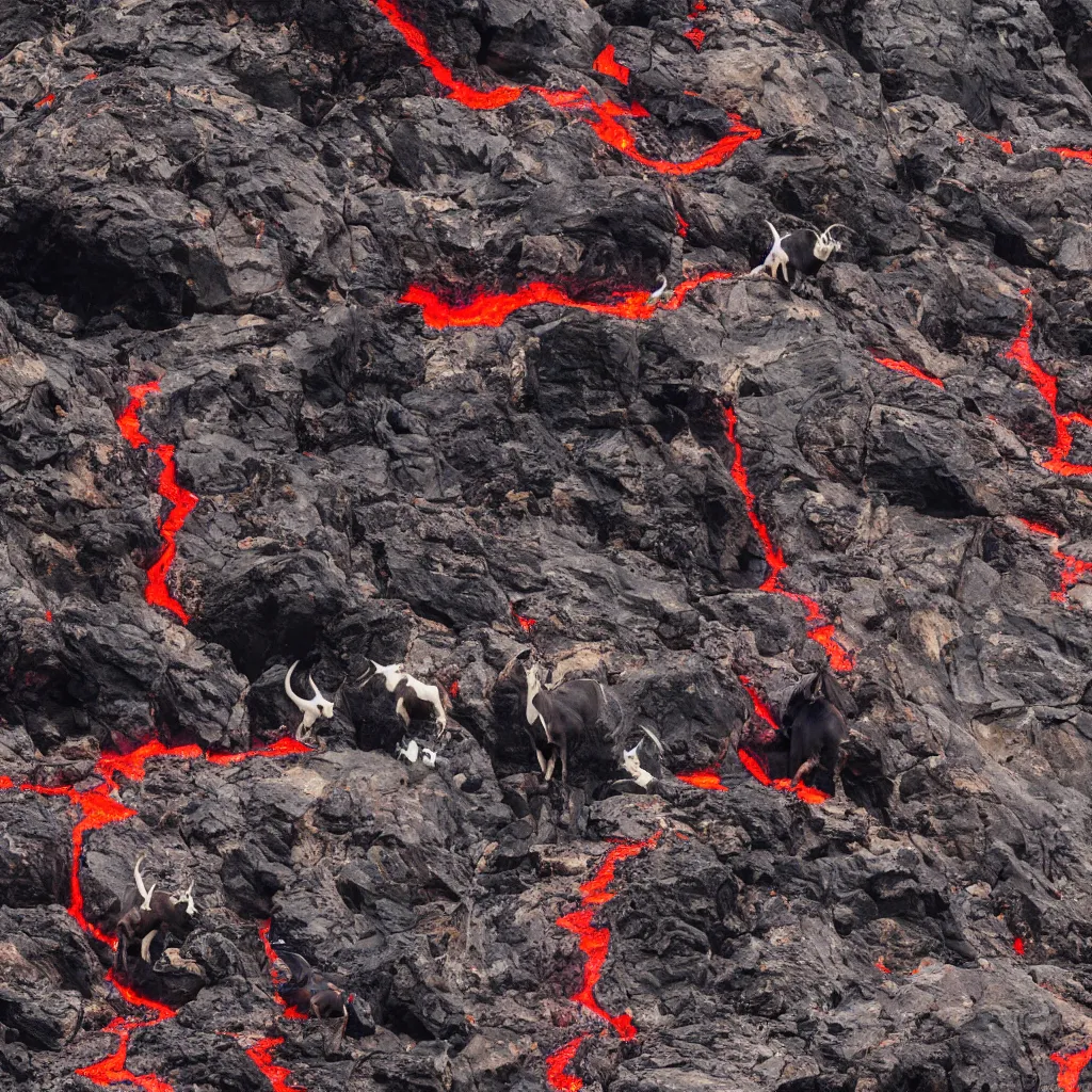 Image similar to satanic mountain goats with glowing red eyes on a sheer obsidian cliffside with lavaflow, lava waterfalls