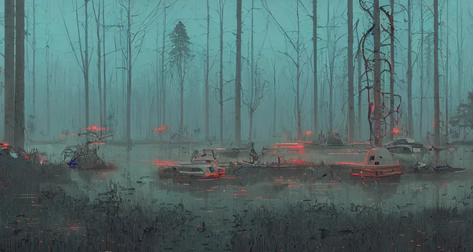 Image similar to A fantastic swamp, by simon stalenhag