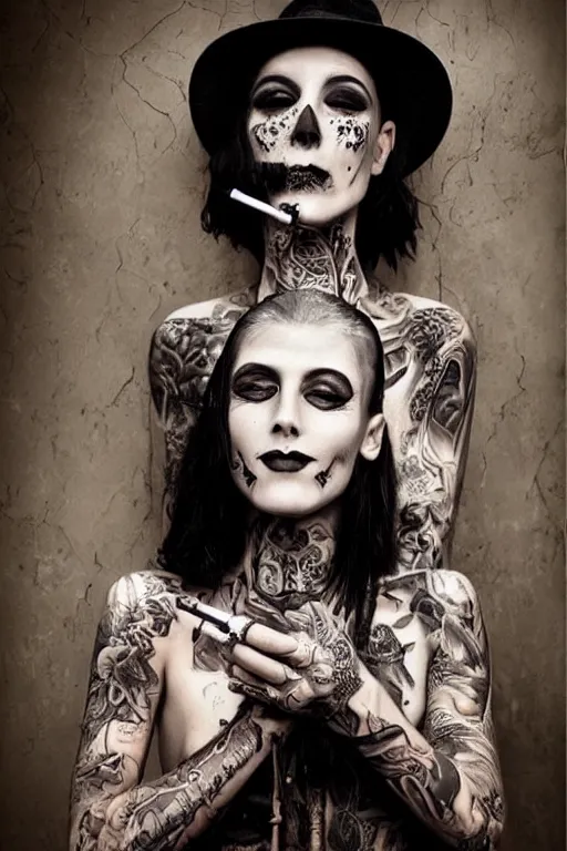 Image similar to tattooed beautiful goth girl smoking cigarette and smiling, dark, moody, eerie religious painting, photorealistic photo by national geographic, Peter Kemp