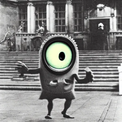 Image similar to vintage picture of mike wazowski at nuremberg trials