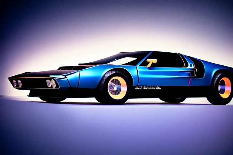 Image similar to designed by john delorean stylized poser of a single 1 9 6 9 fastback mustang ( mk 2 ford gt 4 0 ) delorean, large led lights, ektachrome photograph, volumetric lighting, f 8 aperture, cinematic eastman 5 3 8 4 film