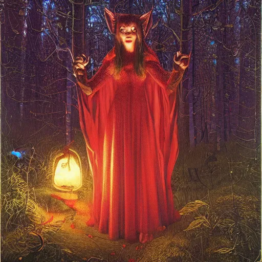 Image similar to the scarlet witch awaits her pursuers, victorian hunters, night time, deep forest, highly detailed, focus, mist nizovtsev, victor