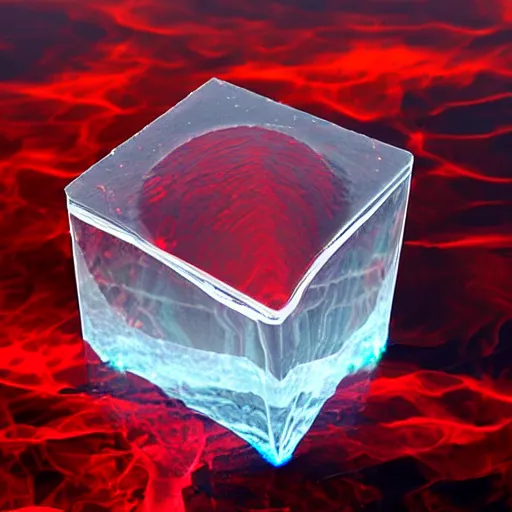 Prompt: transparent cube half filled with turbulent red liquid inside in a transparent twisted sphere