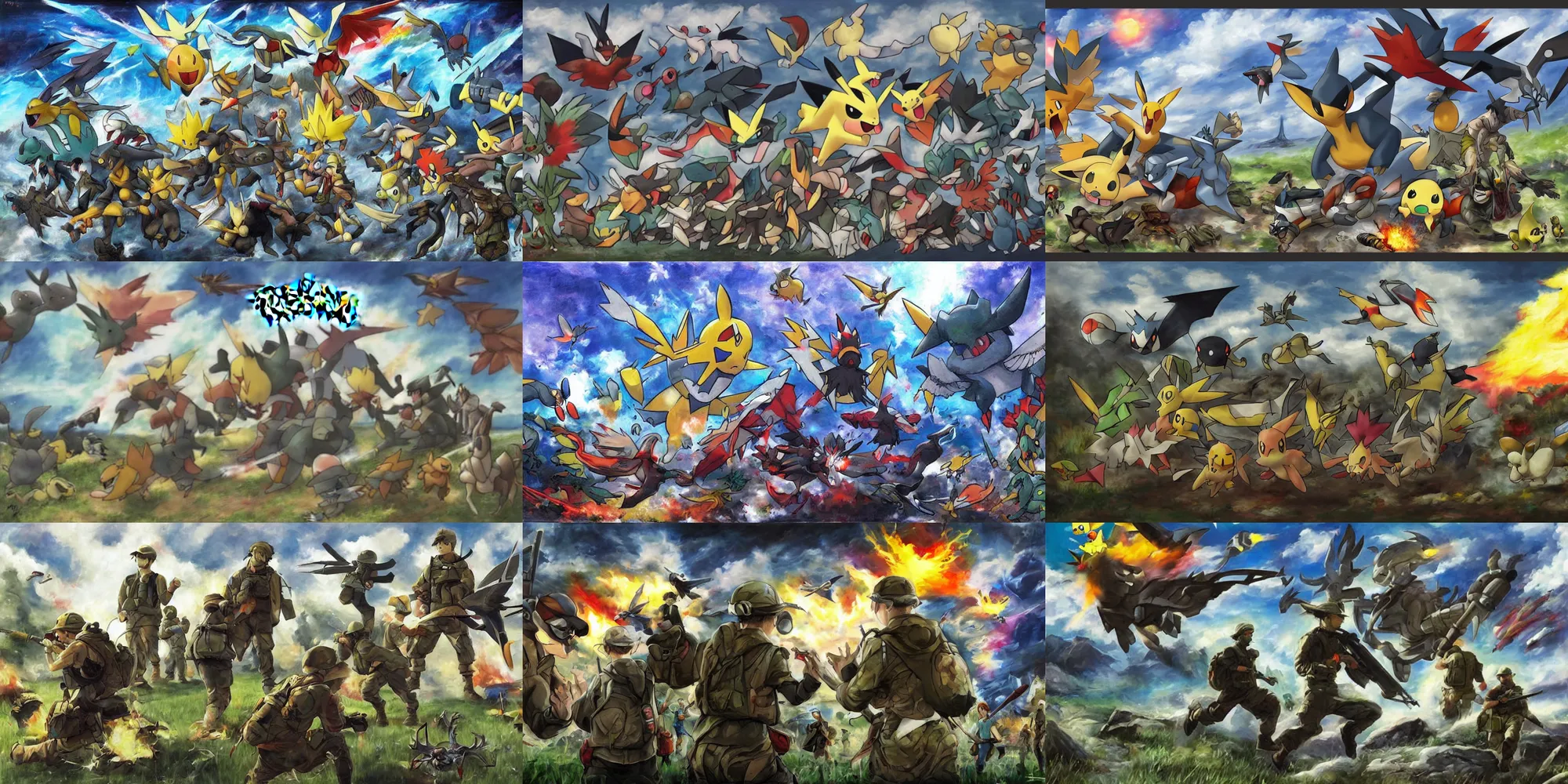 Prompt: pokemon modern warfare, epic painting