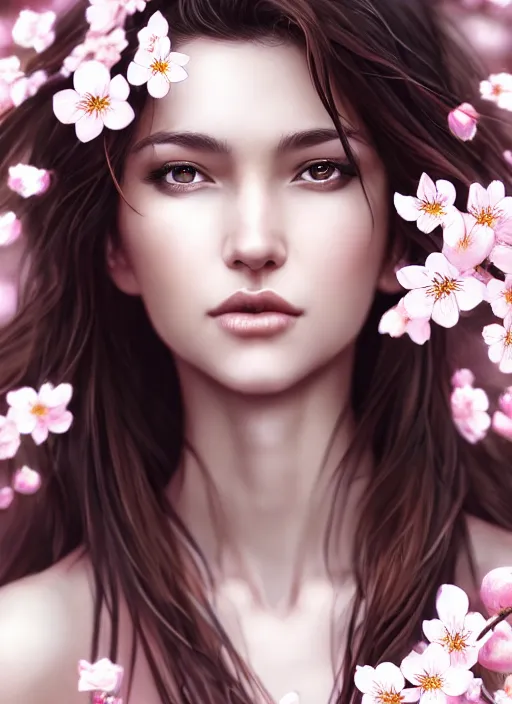 Image similar to photo of a gorgeous female with messy hair in the style of stefan kostic, realistic, body shot, sharp focus, 8 k high definition, insanely detailed, intricate, elegant, art by stanley lau and artgerm, cherry blossoms