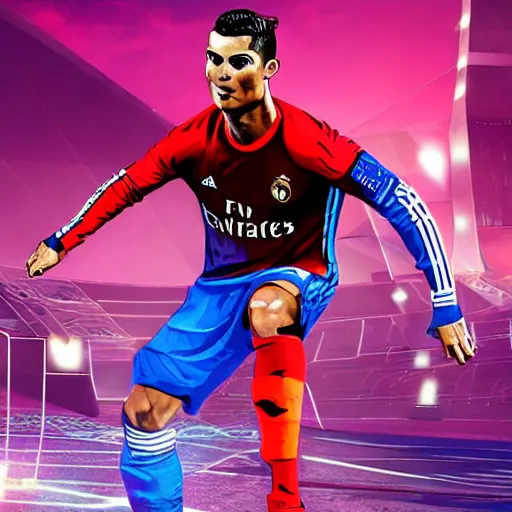 Image similar to cristiano ronaldo with futurist soccer outfit in a stadium with neon, night, cyberpunk, realistic, beautiful, fantasy