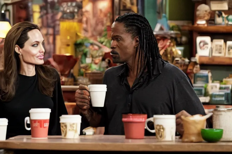 Image similar to angelina jolie and the predator, best friends, drinking coffee at central perk, still photo, hyperrealistic, 35mm, 8k, by weta digital