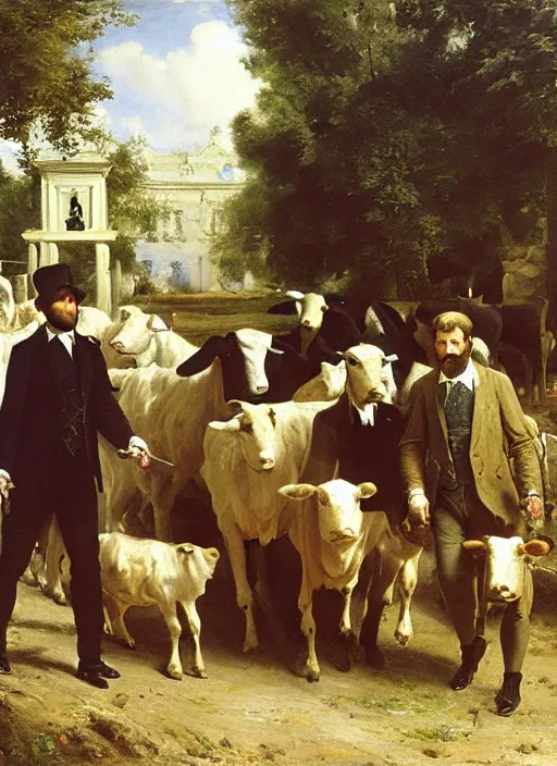 Image similar to artwork painting of acow being led into the slaughter house by eugene von guerard, ivan shishkin, john singer sargent