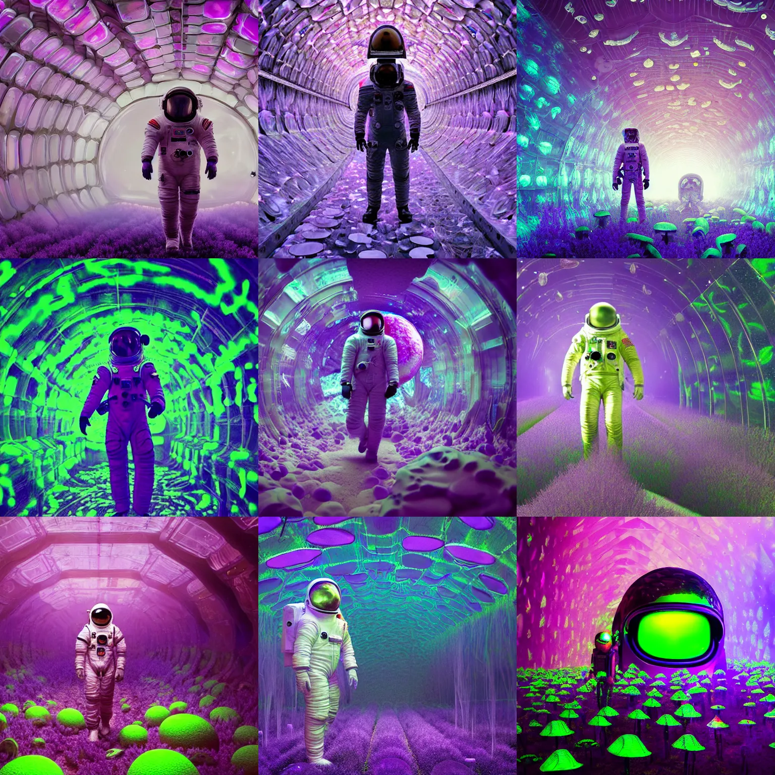 Prompt: an astronaut with mushrooms growing through helmet, walking through a crystal forest of geometrical neon lavender, skulls made of algae, 8k, accurate, intricate, introspective, decorative, moody, dramatic, atmospheric, octane render, hypermaximalist, elegant, photorealistic, hyper detailed, volumetric lighting,