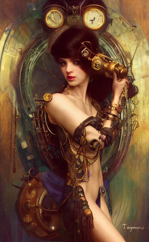 Image similar to hyper realistic photographer taking a picture, magical, gems, jewels, gold, steampunk, cyberpunk utopia, painted by tom bagshaw, mucha, gaston bussiere, craig mullins, j. c. leyendecker 8 k