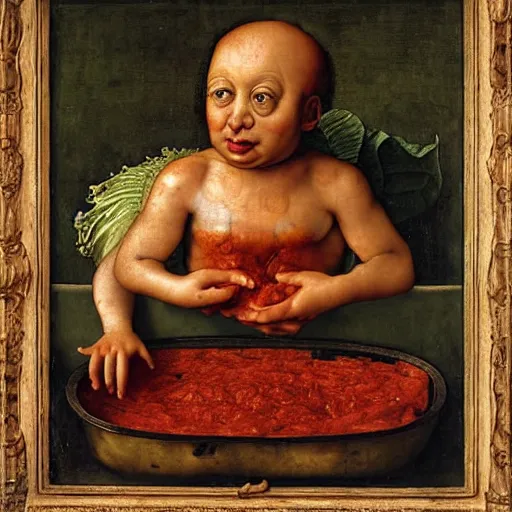 Prompt: a boy sitting in a tub full of tomato sauce, a lot of cabbage, by giuseppe arcimboldo and ambrosius benson, renaissance, fruit, intricate and intense oil paint, realistic