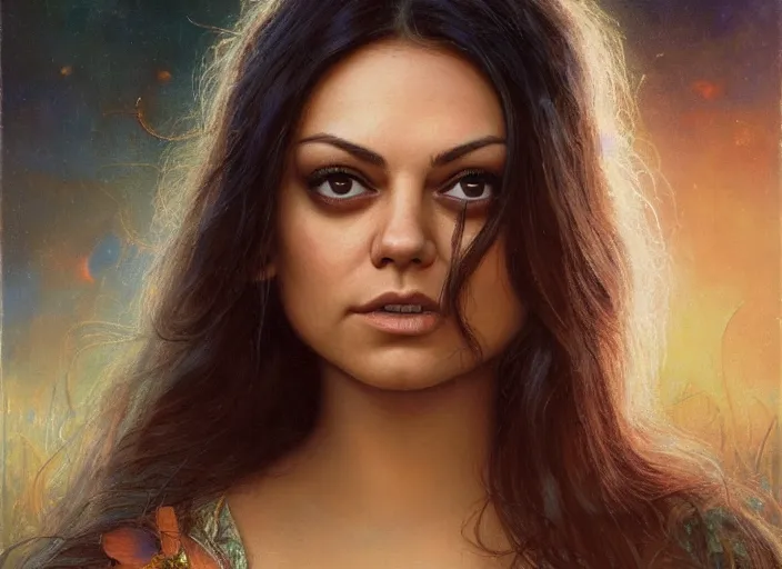 Prompt: Mila Kunis staring into the camera, misty wisps, Lilia Alvarado, Sophie Anderson, Mark Arian, Bob Byerley, Charlie Bowater, Mark Brooks, Steve Henderson, Justin Gerard, Arthur Hughes, Edward Robert Hughes, Mark Keathley, Victor Nizovtsev, Carlos Shwabe, Ross Tran, WLOP