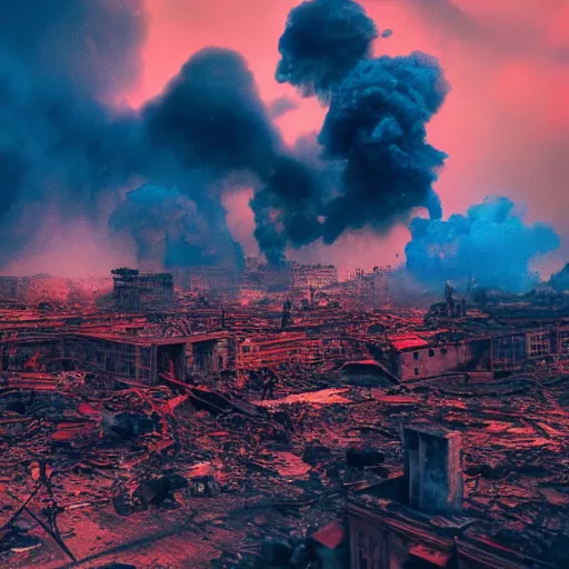 Image similar to destroyed city, dystopian, war, real, thick vivid blue smoke, red clouds, detailed, award winning, masterpiece